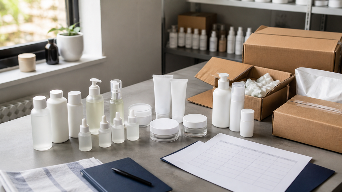Unbranded skincare bottles, jars and tubes prepared for a small-batch private label order