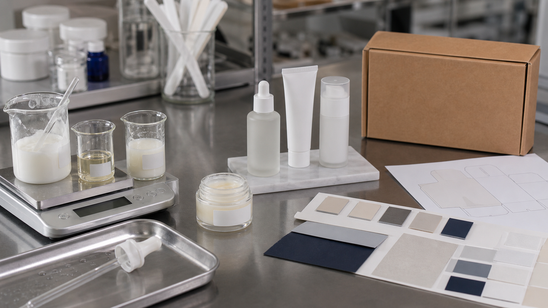 Private label skincare development process with formula samples and packaging prototypes