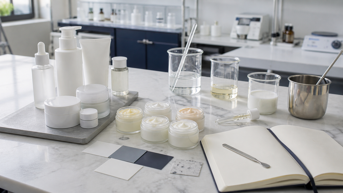 Ready skincare products, formula samples and custom formulation tools on a laboratory workbench